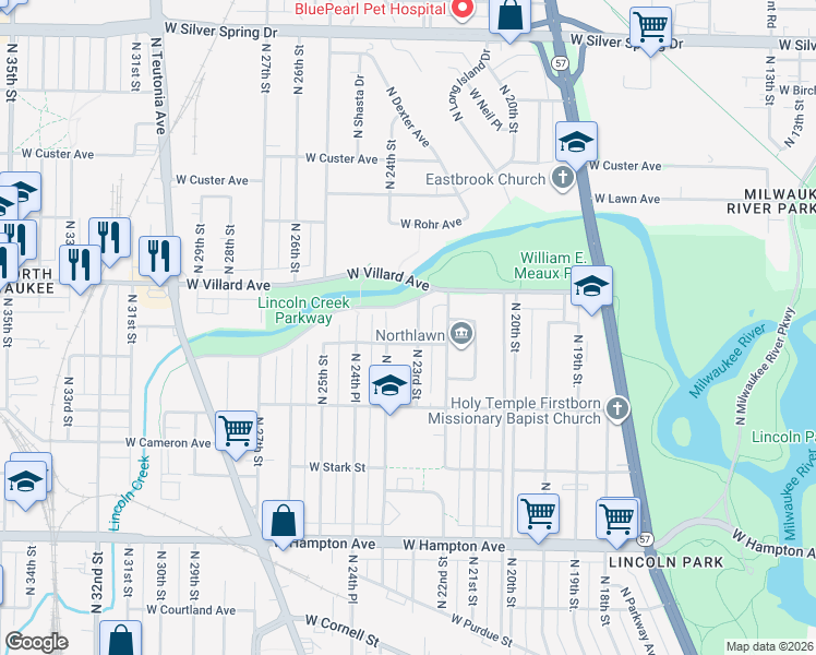 map of restaurants, bars, coffee shops, grocery stores, and more near 5077 North 23rd Street in Milwaukee