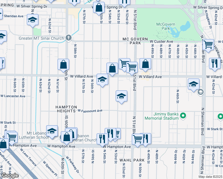 map of restaurants, bars, coffee shops, grocery stores, and more near 5078 North 54th Street in Milwaukee