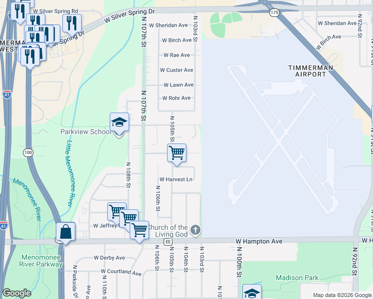 map of restaurants, bars, coffee shops, grocery stores, and more near 10405 West Lancaster Avenue in Milwaukee