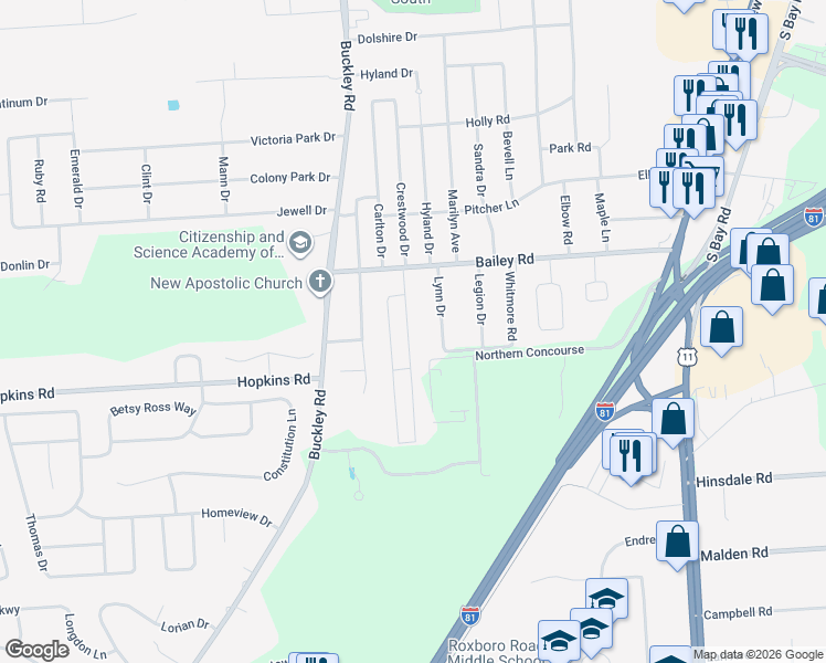 map of restaurants, bars, coffee shops, grocery stores, and more near 121 Orchard Drive East in Syracuse