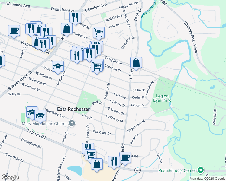 map of restaurants, bars, coffee shops, grocery stores, and more near 508 Madison Street in East Rochester