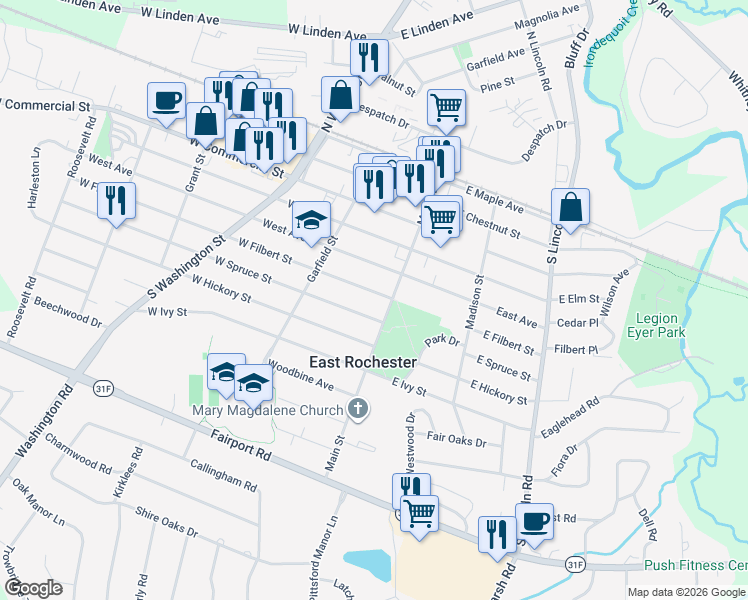 map of restaurants, bars, coffee shops, grocery stores, and more near 611 Main Street in East Rochester