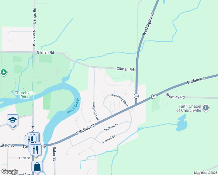 map of restaurants, bars, coffee shops, grocery stores, and more near 145 Greenway Boulevard in Churchville