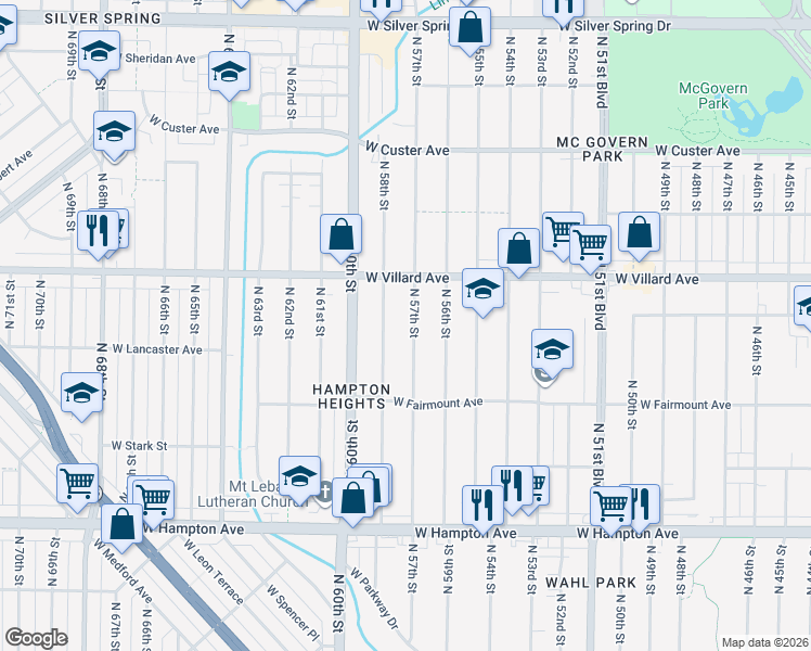 map of restaurants, bars, coffee shops, grocery stores, and more near 5069 North 57th Street in Milwaukee