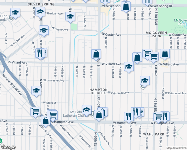 map of restaurants, bars, coffee shops, grocery stores, and more near 5100 North 61st Street in Milwaukee