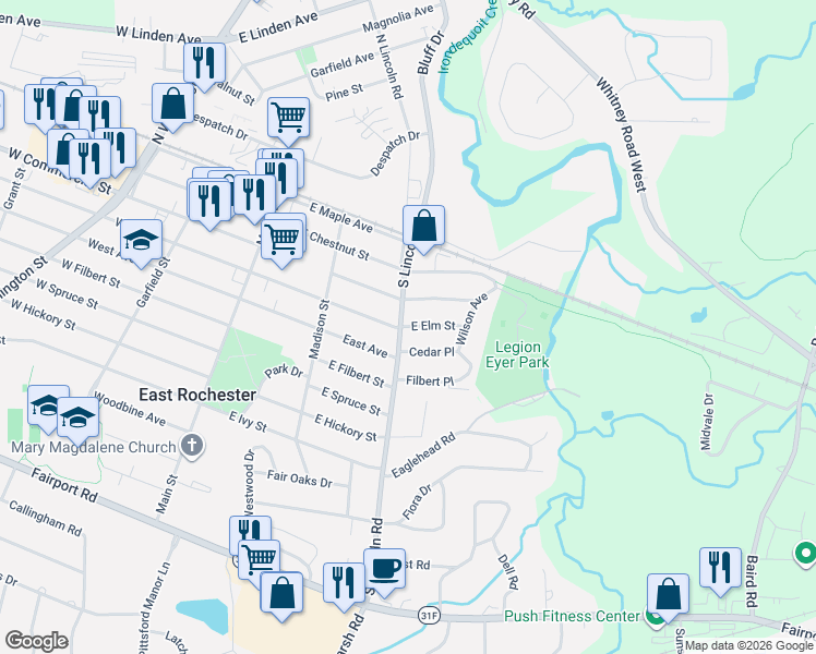map of restaurants, bars, coffee shops, grocery stores, and more near 410 South Lincoln Road in East Rochester