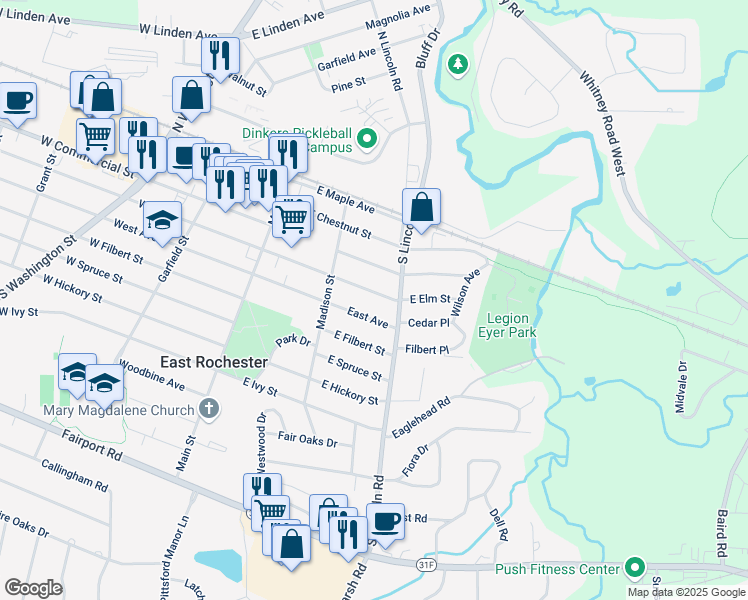 map of restaurants, bars, coffee shops, grocery stores, and more near 224 East Avenue in East Rochester