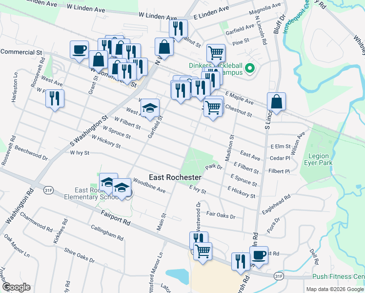 map of restaurants, bars, coffee shops, grocery stores, and more near 108 West Filbert Street in East Rochester