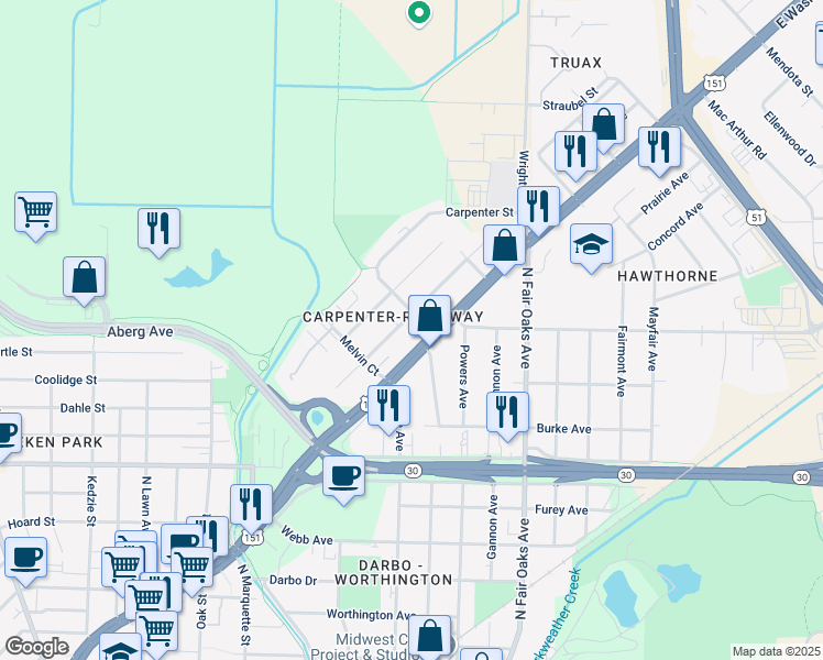 map of restaurants, bars, coffee shops, grocery stores, and more near 3210 East Washington Avenue in Madison