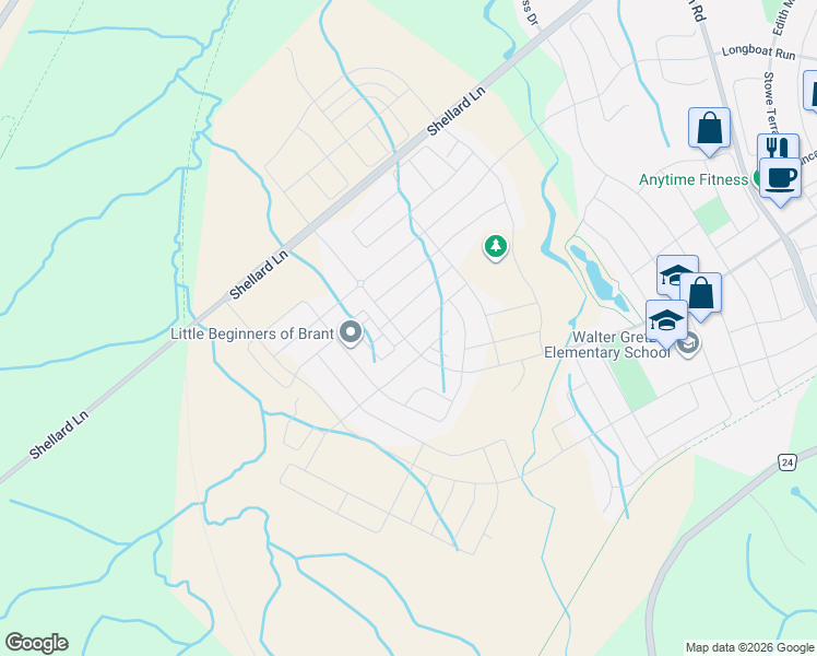 map of restaurants, bars, coffee shops, grocery stores, and more near 38 Ladd Avenue in Brantford