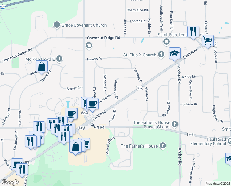 map of restaurants, bars, coffee shops, grocery stores, and more near Mercedes Drive & Sierra Road in Rochester