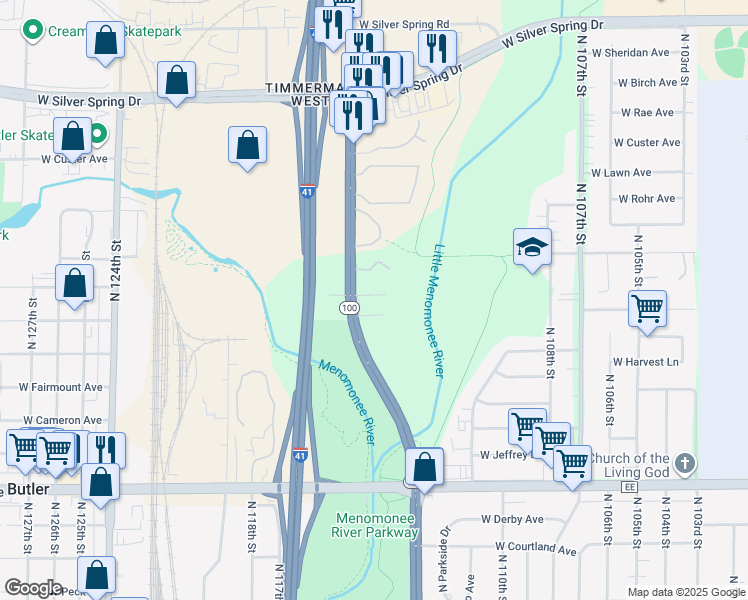 map of restaurants, bars, coffee shops, grocery stores, and more near 5100 North Lovers Lane Road in Milwaukee