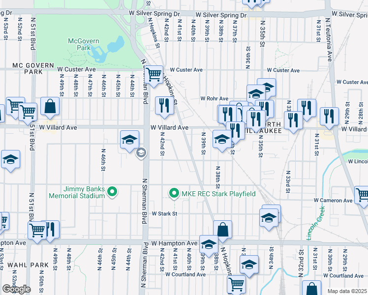 map of restaurants, bars, coffee shops, grocery stores, and more near 5137 North Hopkins Street in Milwaukee
