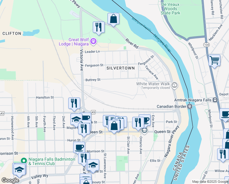 map of restaurants, bars, coffee shops, grocery stores, and more near 4629 Bridge Street in Niagara Falls