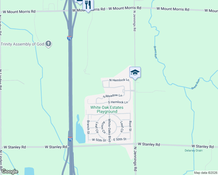 map of restaurants, bars, coffee shops, grocery stores, and more near 7190 North Meadow Lane in Mount Morris