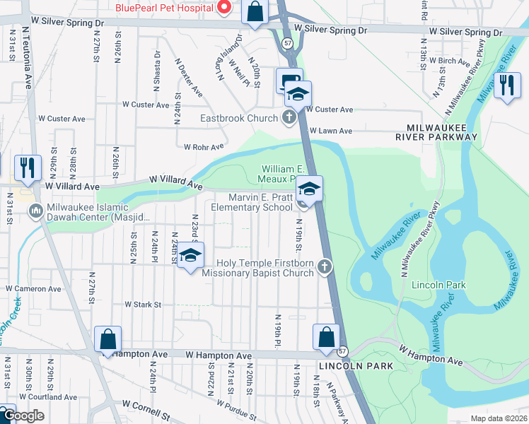 map of restaurants, bars, coffee shops, grocery stores, and more near 5084 North 20th Street in Milwaukee