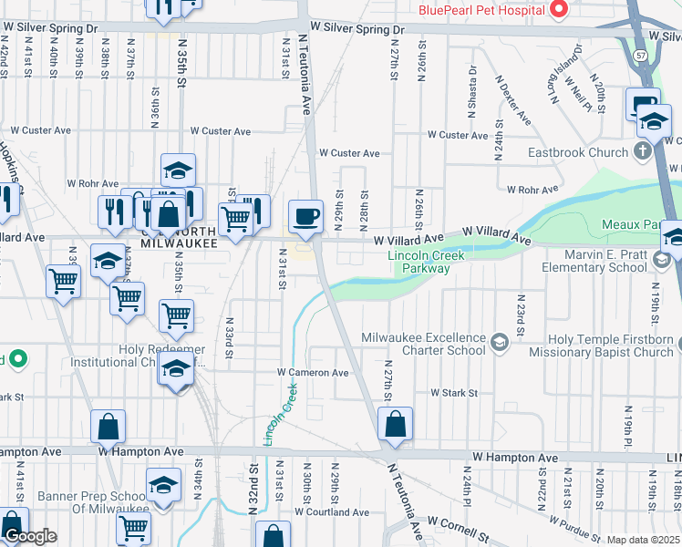 map of restaurants, bars, coffee shops, grocery stores, and more near 5021-5111 North Teutonia Avenue in Milwaukee