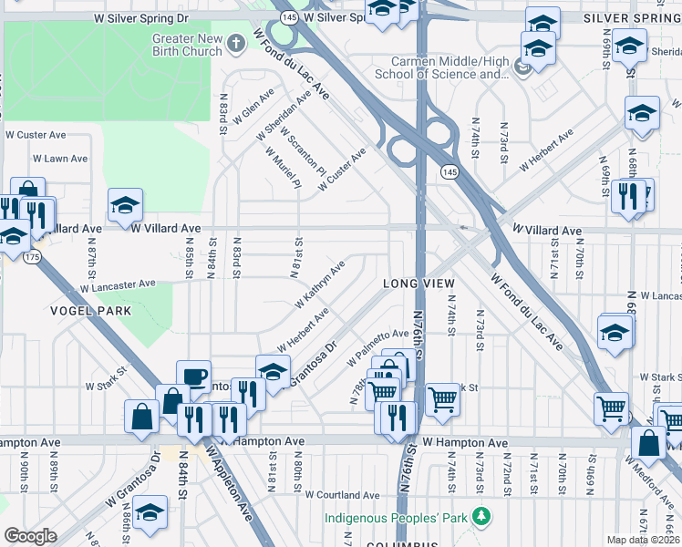 map of restaurants, bars, coffee shops, grocery stores, and more near 7901 West Herbert Avenue in Milwaukee