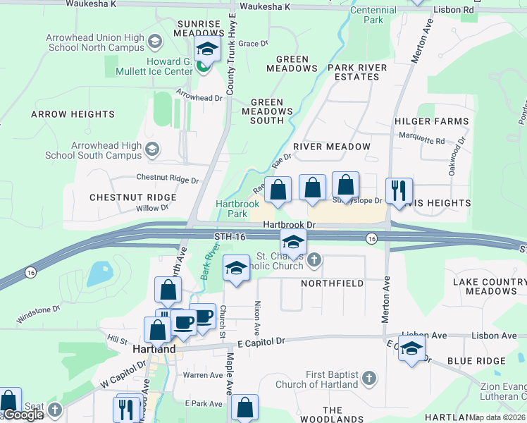 map of restaurants, bars, coffee shops, grocery stores, and more near 520 Hartbrook Drive in Hartland
