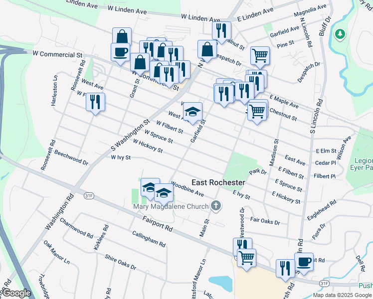 map of restaurants, bars, coffee shops, grocery stores, and more near in East Rochester
