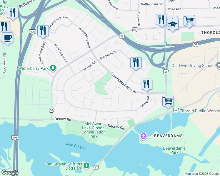 map of restaurants, bars, coffee shops, grocery stores, and more near 52 Tara Crescent in Thorold