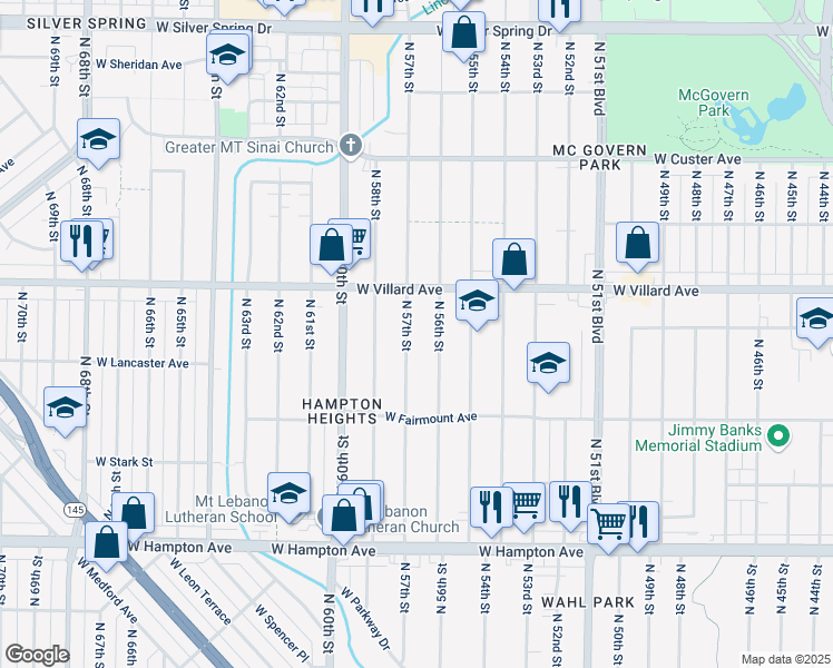map of restaurants, bars, coffee shops, grocery stores, and more near 5069 North 57th Street in Milwaukee