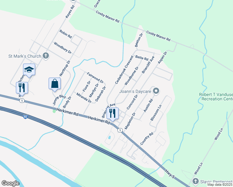 map of restaurants, bars, coffee shops, grocery stores, and more near 403 Woodburne Drive in Utica