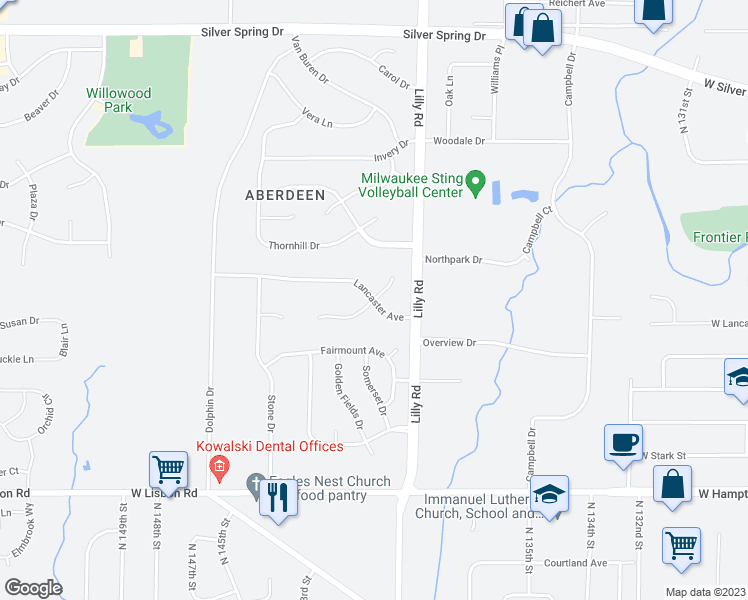 map of restaurants, bars, coffee shops, grocery stores, and more near Lancaster Ave & Ridgeway Ln in Menomonee Falls