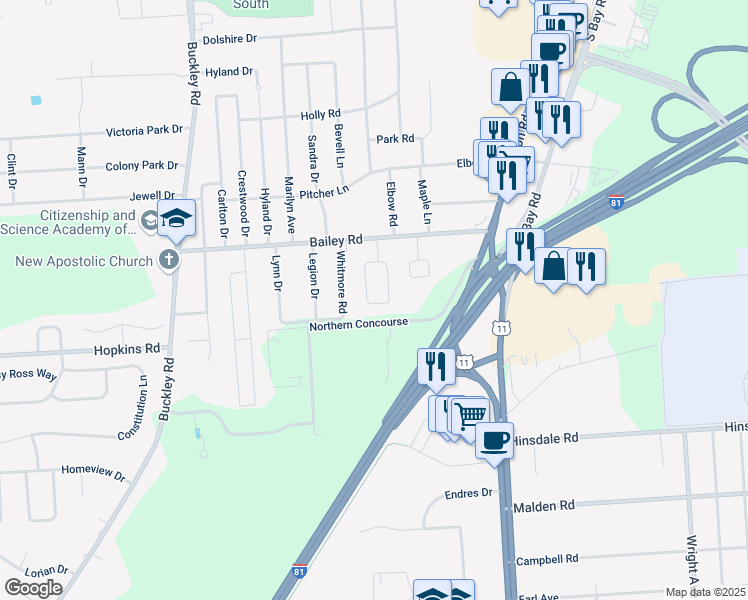 map of restaurants, bars, coffee shops, grocery stores, and more near 112 Circle Road in North Syracuse