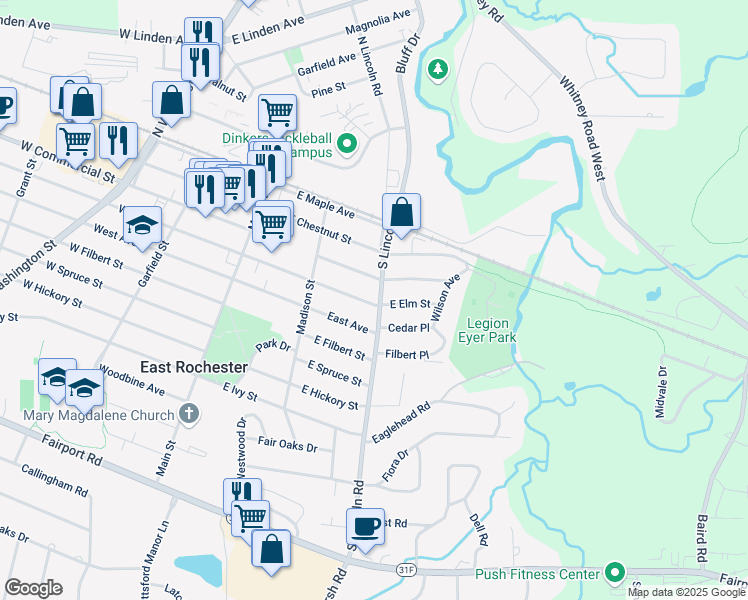 map of restaurants, bars, coffee shops, grocery stores, and more near 212 County Road 36 in East Rochester