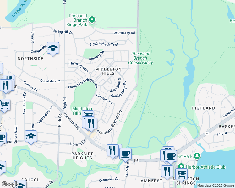 map of restaurants, bars, coffee shops, grocery stores, and more near 3450 John Muir Drive in Middleton