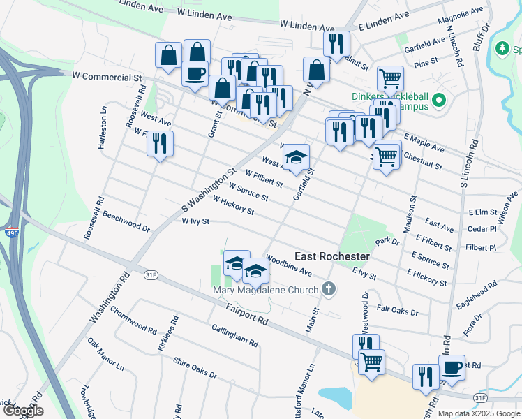 map of restaurants, bars, coffee shops, grocery stores, and more near 219 West Spruce Street in East Rochester