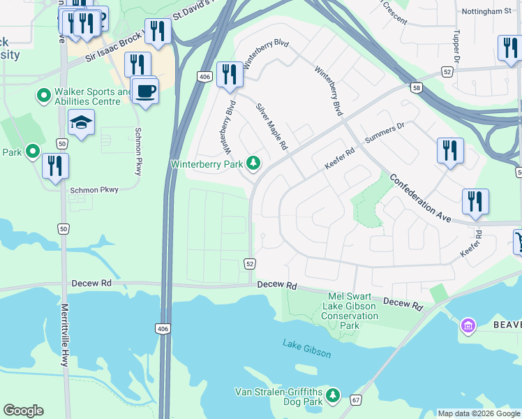 map of restaurants, bars, coffee shops, grocery stores, and more near 28 Manley Crescent in Thorold