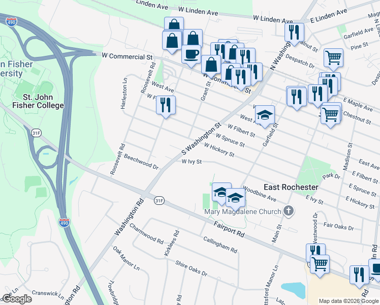 map of restaurants, bars, coffee shops, grocery stores, and more near 803 South Washington Street in East Rochester