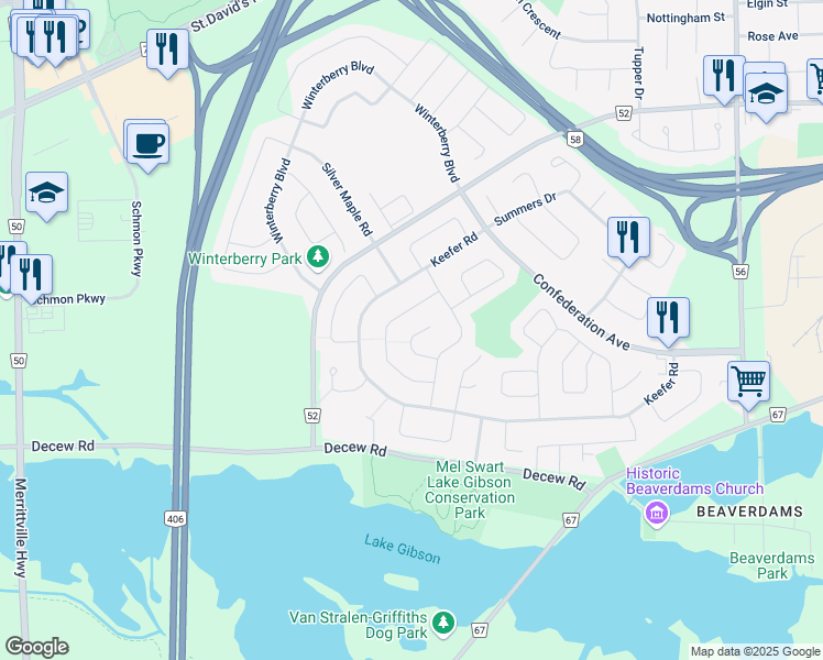 map of restaurants, bars, coffee shops, grocery stores, and more near 32 Naples Court in Thorold
