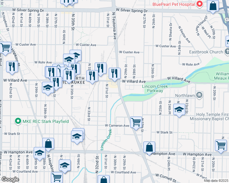 map of restaurants, bars, coffee shops, grocery stores, and more near 3025 West Villard Avenue in Milwaukee