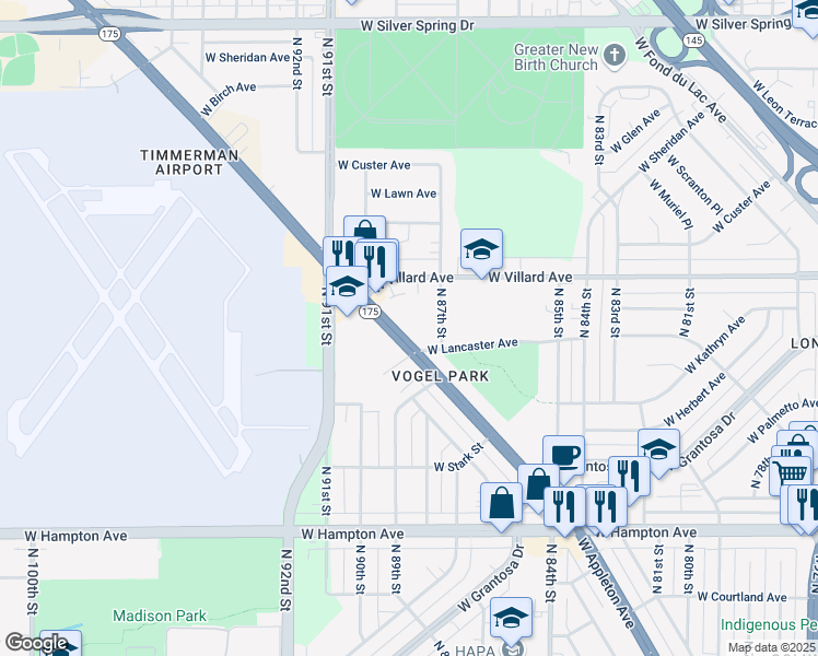 map of restaurants, bars, coffee shops, grocery stores, and more near 8928 West Appleton Avenue in Milwaukee