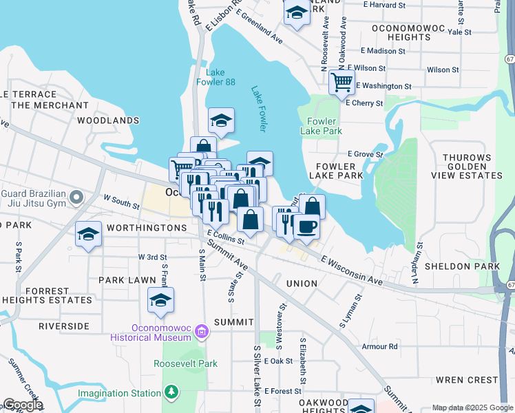 map of restaurants, bars, coffee shops, grocery stores, and more near 212 East Pleasant Street in Oconomowoc