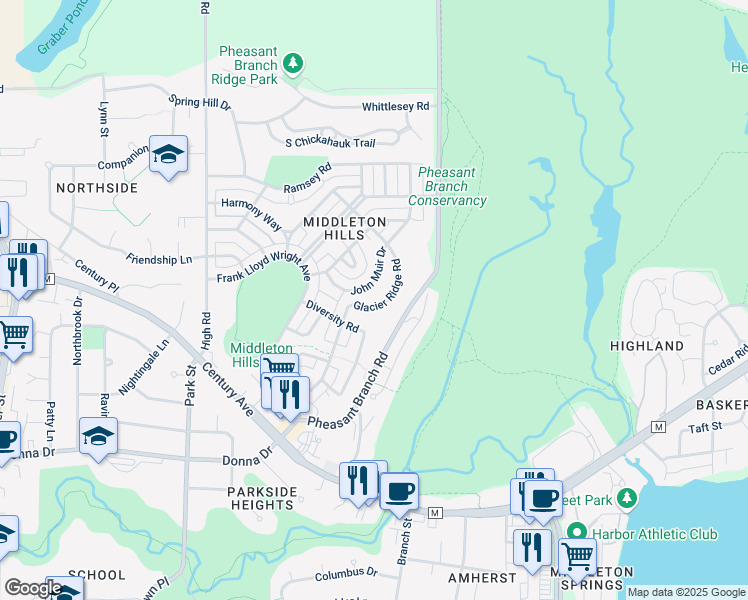 map of restaurants, bars, coffee shops, grocery stores, and more near 3450 John Muir Drive in Middleton