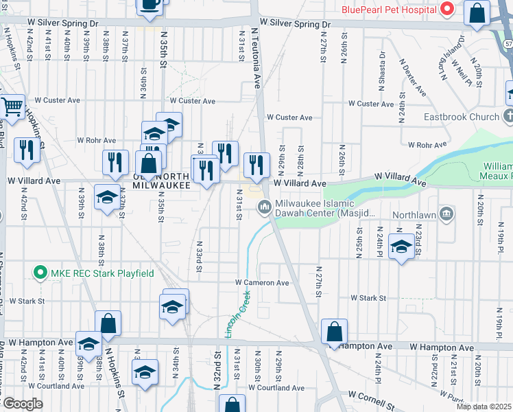 map of restaurants, bars, coffee shops, grocery stores, and more near 3025 West Villard Avenue in Milwaukee