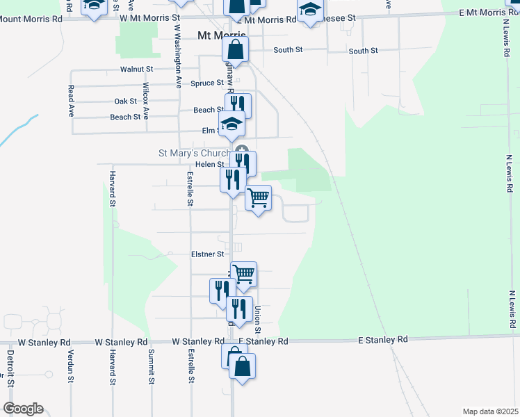 map of restaurants, bars, coffee shops, grocery stores, and more near 7200 North Saginaw Road in Mount Morris