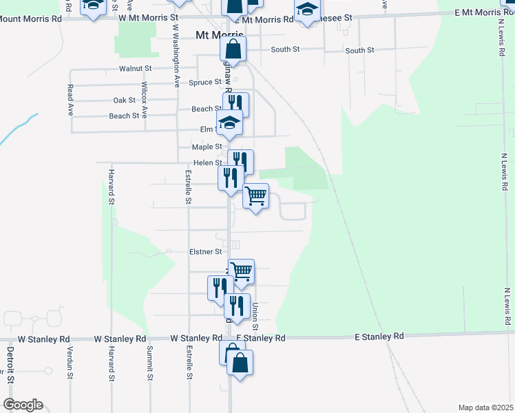 map of restaurants, bars, coffee shops, grocery stores, and more near 7200 North Saginaw Road in Mount Morris