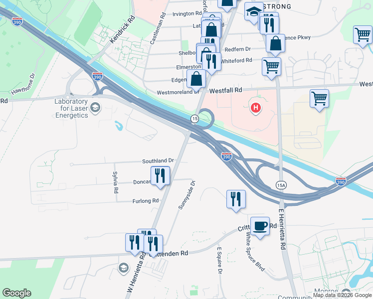 map of restaurants, bars, coffee shops, grocery stores, and more near 2000 West Henrietta Road in Rochester