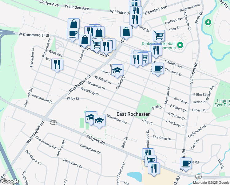 map of restaurants, bars, coffee shops, grocery stores, and more near Garfield Street & West Spruce Street in East Rochester