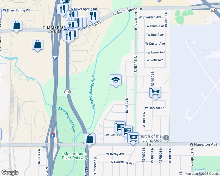 map of restaurants, bars, coffee shops, grocery stores, and more near Oak Leaf Trail in Milwaukee