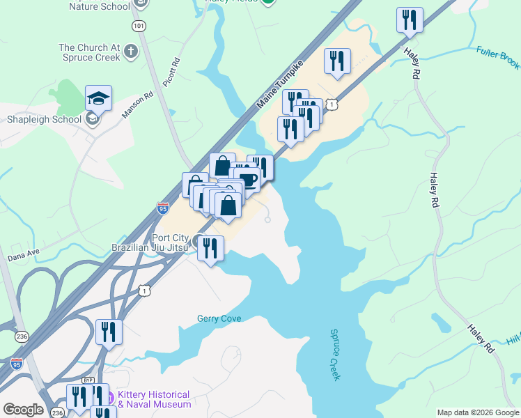 map of restaurants, bars, coffee shops, grocery stores, and more near 306 U.S. 1 in Kittery