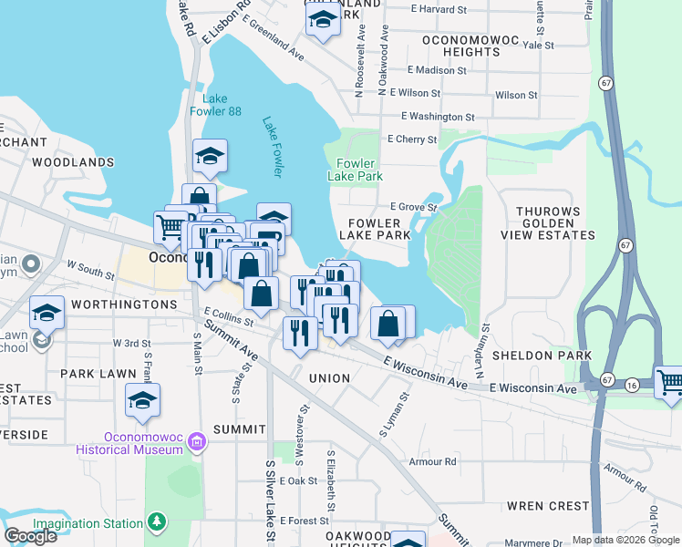 map of restaurants, bars, coffee shops, grocery stores, and more near 241 North Walnut Street in Oconomowoc