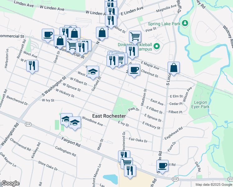map of restaurants, bars, coffee shops, grocery stores, and more near 114 West Avenue in East Rochester