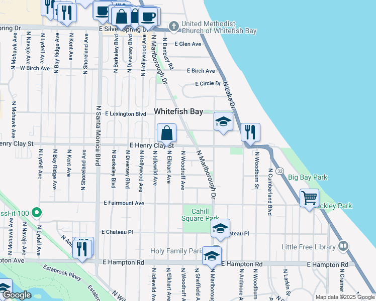 map of restaurants, bars, coffee shops, grocery stores, and more near 820 East Henry Clay Street in Whitefish Bay