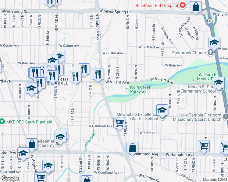 map of restaurants, bars, coffee shops, grocery stores, and more near 5185 North 28th Street in Milwaukee